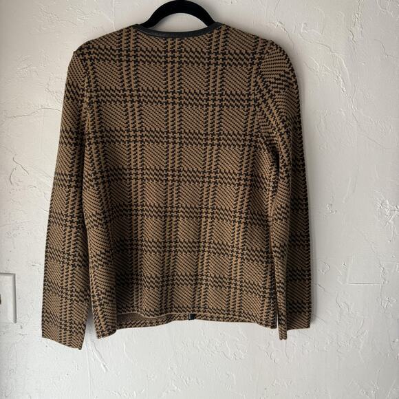 Pendleton Sweater Medium Brown Black Plaid Wool Leather Trim Petite Equestrian - Picture 7 of 8